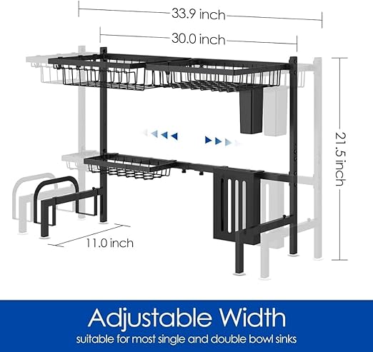 N&K Over the Sink Dish Drying Rack (30.0" to 33.9") – Large Capacity Stainless Steel Dish Drainer, Adjustable Kitchen Rack with Utensil & Knife Holder, Space-Saving Counter Organizer – Black