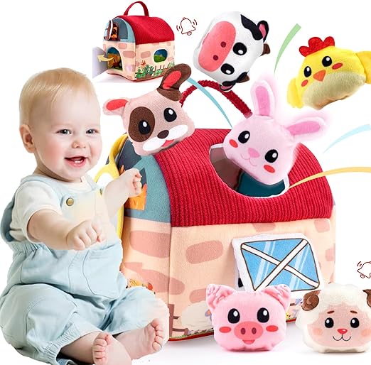 Baby Toys 6-12 Months -Mini Farm Animals Shape Sorter Toys with 6pc Stuffed Farm Animals Plush toys, Rattle, Crinkle Paper, Mirror - Busy Montessori Toys for Babies, Sensory Toys for Toddlers 1-3 Year