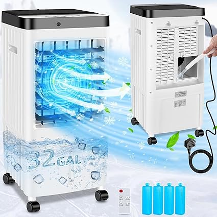Portable Air Conditioners,3 Modes & 3 Speeds,Evaporative Air Cooler with Remote & Touch Control,10L Water Tank, Windowless Air Conditioner with 4 Ice Boxes,12-H Timer Air Cooler for Room Kitchen