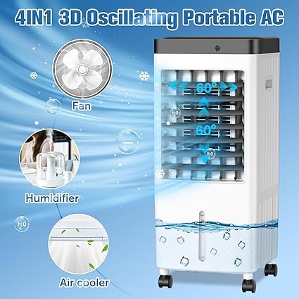 Portable Air Conditioners,3 Modes & 3 Speeds,Evaporative Air Cooler with Remote & Touch Control,10L Water Tank, Windowless Air Conditioner with 4 Ice Boxes,12-H Timer Air Cooler for Room Kitchen