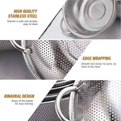 MOMENT Multipurpose Stainless Steel Colander 25CM Strainer Drainer with Handle for Kitchen/Draining Pasta/Rinsing Vegetables Fruits, Heavy Duty & Dishwasher Safe