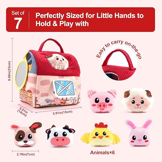 Baby Toys 6-12 Months -Mini Farm Animals Shape Sorter Toys with 6pc Stuffed Farm Animals Plush toys, Rattle, Crinkle Paper, Mirror - Busy Montessori Toys for Babies, Sensory Toys for Toddlers 1-3 Year