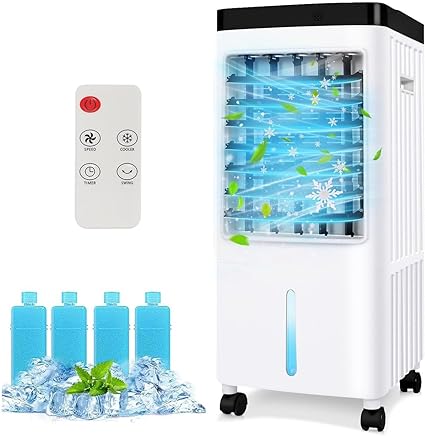 Portable Air Conditioners,3 Modes & 3 Speeds,Evaporative Air Cooler with Remote & Touch Control,10L Water Tank, Windowless Air Conditioner with 4 Ice Boxes,12-H Timer Air Cooler for Room Kitchen