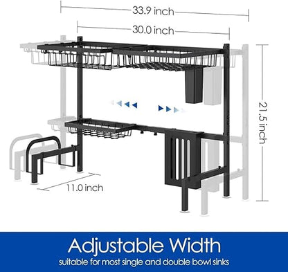 N&K Over the Sink Dish Drying Rack (30.0" to 33.9") – Large Capacity Stainless Steel Dish Drainer, Adjustable Kitchen Rack with Utensil & Knife Holder, Space-Saving Counter Organizer – Black