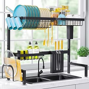 N&K Over the Sink Dish Drying Rack (30.0" to 33.9") – Large Capacity Stainless Steel Dish Drainer, Adjustable Kitchen Rack with Utensil & Knife Holder, Space-Saving Counter Organizer – Black