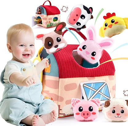 Baby Toys 6-12 Months -Mini Farm Animals Shape Sorter Toys with 6pc Stuffed Farm Animals Plush toys, Rattle, Crinkle Paper, Mirror - Busy Montessori Toys for Babies, Sensory Toys for Toddlers 1-3 Year