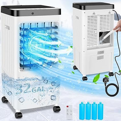 Portable Air Conditioners,3 Modes & 3 Speeds,Evaporative Air Cooler with Remote & Touch Control,10L Water Tank, Windowless Air Conditioner with 4 Ice Boxes,12-H Timer Air Cooler for Room Kitchen